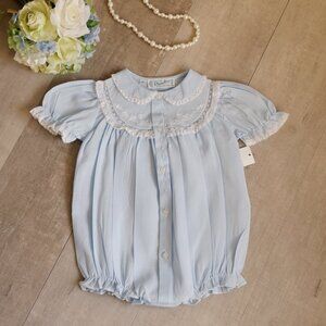 Blue Heirloom Romper Bubble Feltman Brothers RARE FIND 9 Months Lace Inlays NWT
